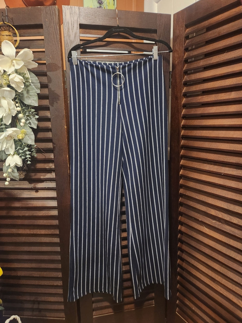 Y2K Striped Wearever Wide-Leg Pants with Ring Detail - Navy